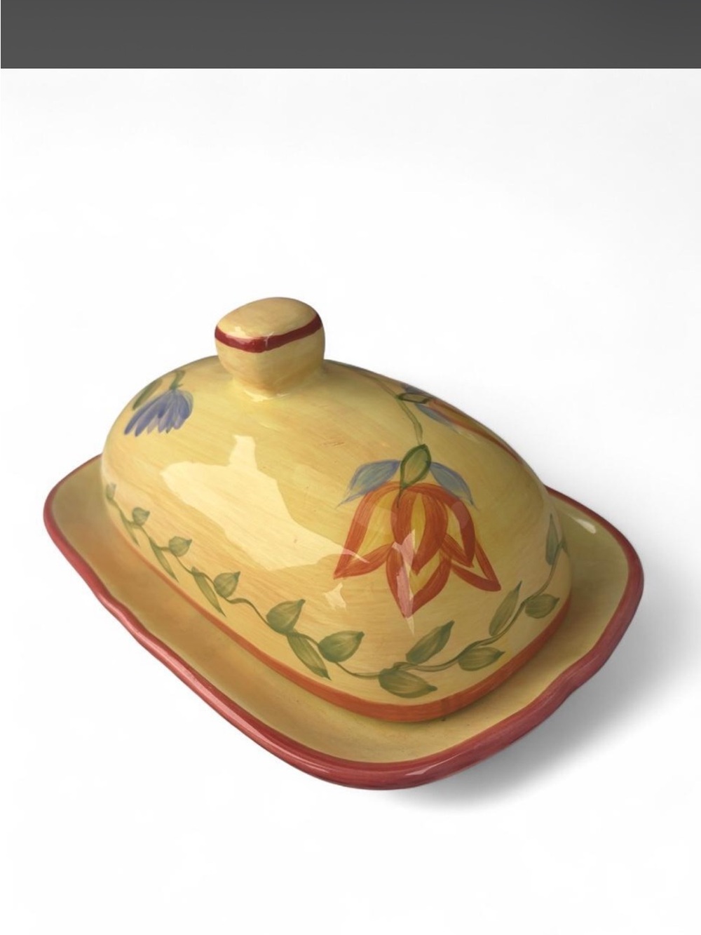 Pfaltzgraff Yellow Floral Ceramic Butter Dish with Red Trim